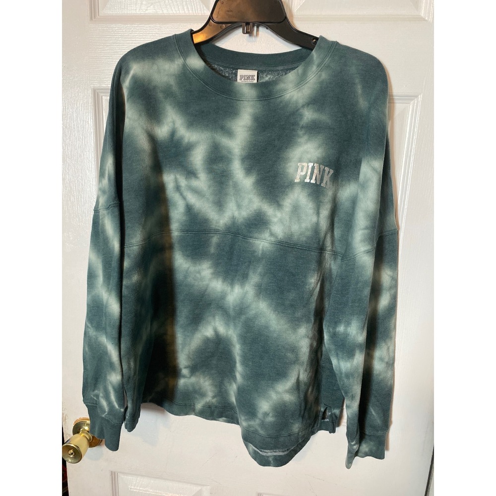 Victorias Secret PINK Tie Dye Sweatshirt Green Silver Foil Love Pink Crewneck M